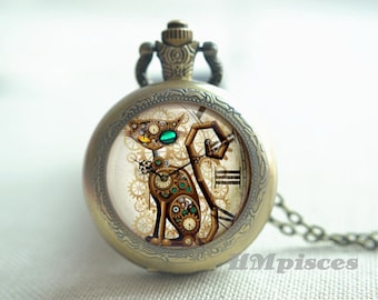 Steampunk Mechanical Cat Image Pocket watch, Retro Cat watch pendant necklace, unique keychain,quartz locket watch,picture jewelry (HB1011)