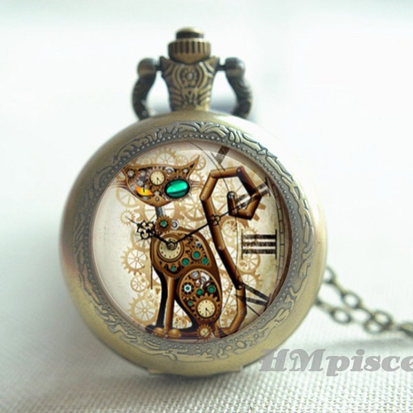 Montre de poche mécanique chat steampunk, collier pendentif montre chat rétro, porte-clés unique, montre à quartz, bijoux photo, collier médaillon (HB1011)