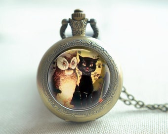 Steampunk zwarte kat zakhorloge, uil horloge hanger ketting, unieke sleutelhanger, quartz horloge, foto sieraden, medaillon ketting cadeau (HB054)