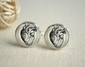 Steampunk Heart Tie Clip,Anatomical Heart Cufflinks, Heart Cuff links, Gift for Men,Wedding cufflinks  (XK038)