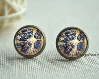 Pendientes de la Tardis, pendientes de Doctor Who, joyería artística de Van Gogh, pendientes de cabina de policía, pendientes con imágenes de galaxias, pendientes de cúpula de cristal (EH01128)