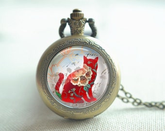 Kattenzakhorloge, bloemenkathorloge, bloemenhangerketting, unieke sleutelhanger, quartzhorloge, fotosieraden, medaillonketting cadeau