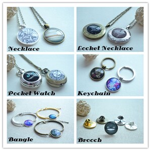 May include: Assortment of jewelry and accessories featuring round glass cabochons with various designs.  The items include a necklace, locket necklace, pocket watch, keychain, bangle, and brooch.