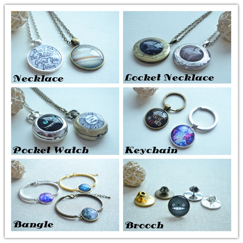 May include: Assortment of jewelry and accessories featuring round glass cabochons with various designs.  The items include a necklace, locket necklace, pocket watch, keychain, bangle, and brooch.