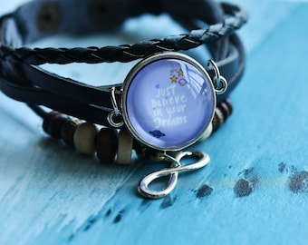 Believe in your Dreams Leather Bracelet, Infinity charm bracelet, Woven Braided Adjustable Leather Bracelet,photo jewelry gift (SL925N9)