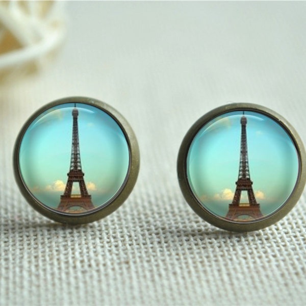 Boucles d'oreilles de la Tour Eiffel, Studs Eiffel, Studs Tower Picture, Français Boucles d'oreilles de Paris, Boucles d'oreilles Post, Bijoux Dôme de Verre, Cadeau Cabochon (EH131)