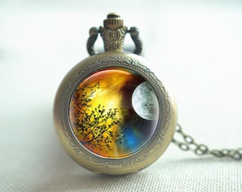 Steampunk reloj de bolsillo de la luna llena, collar colgante del reloj del árbol de la luna, llavero, reloj de cuarzo, joyería de la imagen del medallón, regalo personalizado (HB055)