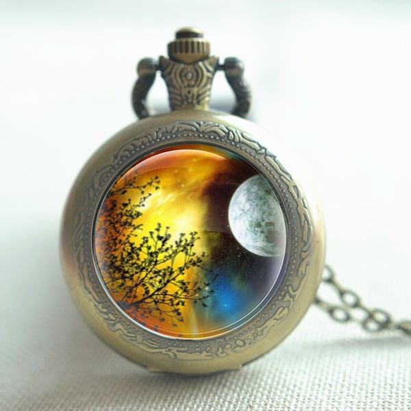 Steampunk Full Moon Pocket watch,Moon Tree watch pendant necklace,keychain,quartz watch,locket picture jewelry, personalized gift (HB055)