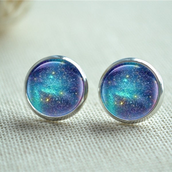 Galaxy Earrings, Blue Galaxy Studs, Milky Way Post Earrings, Nebula Space Picture Studs, Glass Dome Ear Studs, Unisex gift  （EH195)