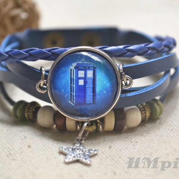 Blue Tardis bracelet,Doctor who police box bracelet,Tardis jewelry,star charm bracelet,woven braided leather strap bracelet (SL110N6)