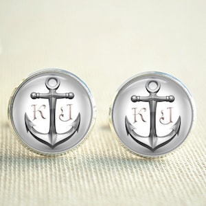 Anchor Cufflinks,Lover&#39;s Name Initial cuff links,Custom Monogram cufflinks,Personalized Tie clip Men Tie Bar,Wedding Groomsmen gift (XK085)