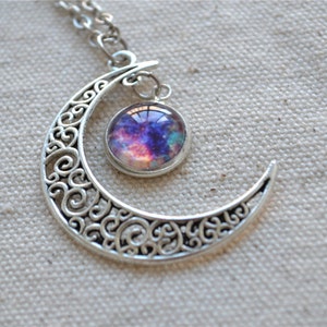 Crescent Moon Necklace,Purple Galaxy necklace, Cosmic Universe jewelry   (XL004)