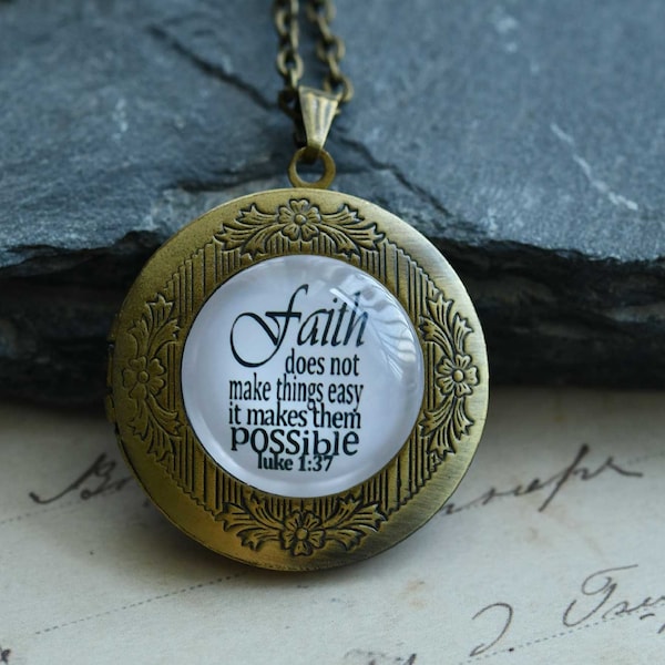 Custom Bible Verse Locket Necklace, Personal Luke 1:37 Faith Picture Frame Necklace,  "Faith make things possible" Christian Gift(XH1973N11)