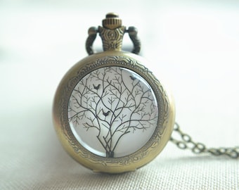 Tree Pocket Watch Necklace,Birds on tree Picture pendant necklace,Steampunk Life Tree Watch Necklace jewelry,unisex(HB010)