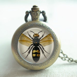 Puede incluir: Un collar con un reloj de bolsillo de latón y una tapa de cristal que muestra una imagen detallada de una avispa amarilla y negra.