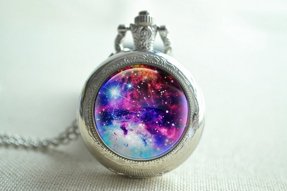 Galaxy Pocket Watch,Milky Way pendant Necklace,Purple Galaxy Locket Necklace,Nebula Space Necklace,Bangle,Brooch Jewelry Gift (HB034)
