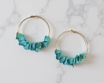 Gold-plated brass hoop earrings with turquoise howlite beads