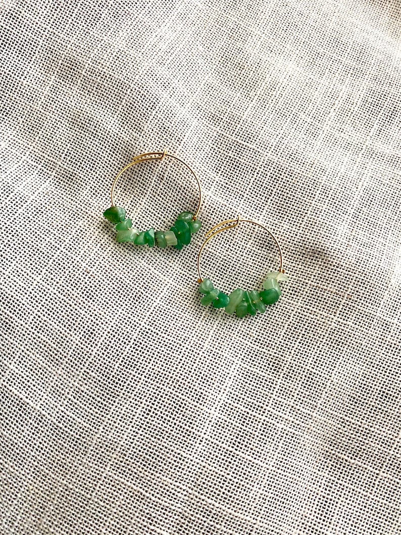 Gold Plated Hoop Earrings and Water Green Stones image 1
