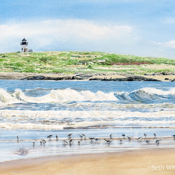 Popham Beach Watercolor Print, Pond Island Light, Midcoast Maine Art, Ocean Painting, Crashing Waves, Shore Birds Wall Art