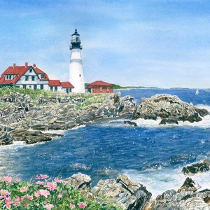 Portland Head Light Watercolor Art Print, Portland Maine Painting, Cape Elizabeth Lighthouse Painting, Coastal Wedding Gift, Seascape Art