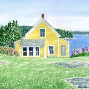 Yellow House, Stonington, Maine Island Art Print, Watercolor Seascape Painting, Seaside Cottage, Lupine Flowers, Perfect Gift for Mom