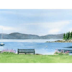 Acadia Morning, Downeast Maine Painting, Panoramic Art, Pastel Watercolor, Local Maine Gifts, Blue Bathroom Decor