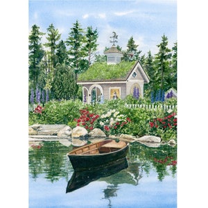 Children's Garden Watercolor, Coastal Maine Botanical Garden Art Print, Girl's Bedroom Decor - Boat House Painting, Boothbay Maine Gifts