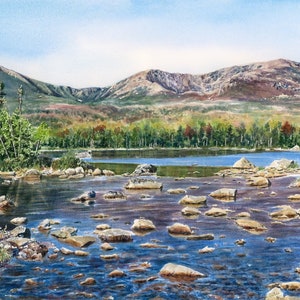 Mt Katahdin Painting, Baxter State Park Maine Landscape Art, Sandy Stream Pond Watercolor Art Print, Appalachian Trail Gift for a Hiker