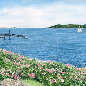 Boothbay Harbor, Maine Art Print, Spruce Point, Maine Painting, Seascape Prints Wedding Gift, Pink Beach Roses Ocean Wall Art