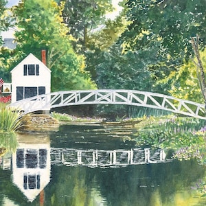 Somesville Bridge Mill Pond Watercolor Painting, Mount Desert Island, Maine Landscape Painting Acadia Gifts