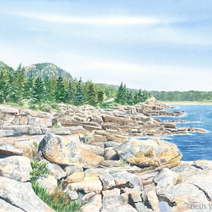 Acadia Watercolor Print - Ocean Drive, Sand Beach - MDI Maine Wall Art - Light & Airy Wall Decor - Maine Paintings