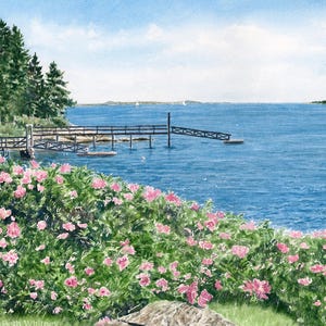 Watercolor painting titled “Spruce Point” depicting roses blooming above the rocky shore of Boothbay Harbor with a sailboat gliding out to sea.