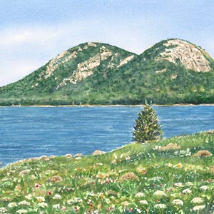 Bubble Mountains from Jordan Pond, Acadia National Park Watercolor Print, Maine Landscape Art, Bar Harbor Wall Decor