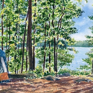Sebago Lake Maine Landscape Painting, Maine Camping Art, Watercolor Forest Painting, Lake House Decor, Nature Lover Gifts