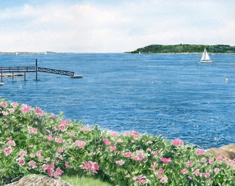 Boothbay Harbor, Maine Art Print, Spruce Point, Maine Painting, Seascape Prints Wedding Gift, Pink Beach Roses Ocean Wall Art