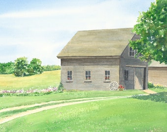 Rustic Barn Art Print, Stone Barn Farm, Bar Harbor Maine, Summer Landscape Painting, Country Homestead Decor, Farmhouse Style Wall Art