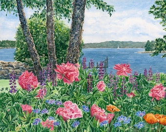 Coastal Maine Garden Painting, Pink Peonies Art, Watercolor Flower Garden Print, Breakfast Nook Decor, Birthday Gift for Wife