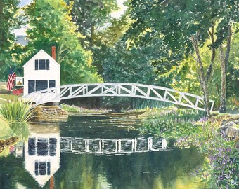 Somesville Bridge, Maine Watercolor Painting, Bar Harbor, Maine Landscape Art Print, White Arched Bridge, Small Pond Painting