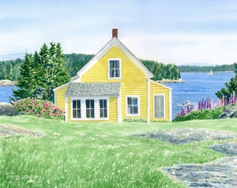 Yellow House, Stonington, Maine Island Art Print, Watercolor Seascape Painting, Seaside Cottage, Lupine Flowers, Perfect Gift for Mom