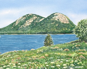 The Bubbles, Acadia Wall Art, Bar Harbor, Maine Watercolor Painting, Vacation Travel Keepsake Art, Green & Blue Decor