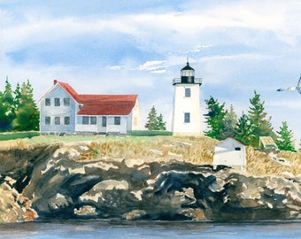 Burnt Coat Harbor Light Watercolor Print - Swan's Island, Maine Art - Lighthouse Art - Nautical Decor