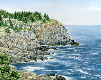 Whitehead Cliff, Monhegan Island Watercolor Print, Maine Island Art, Blue Ocean Painting, Local Maine Artist