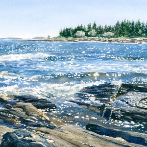 Pemaquid Sparkles, Watercolor Ocean Art Print - Pemaquid Point, Maine Gifts - Coastal Wall Decor - Blue Seascape Painting