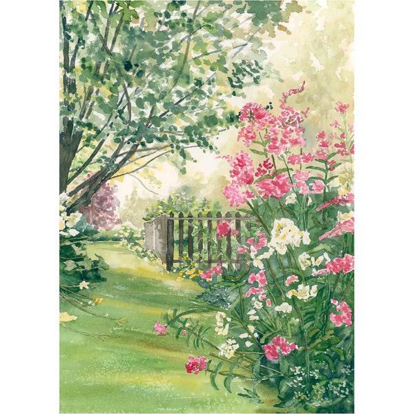 Misty Morning Garden Painting - Watercolor Art Print - Gift for Gardener - Pink and Green Floral Bedroom Decor