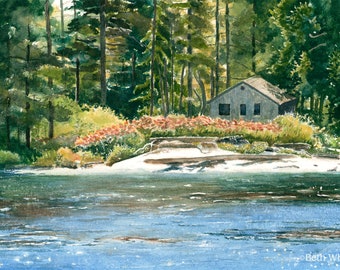 Southport Maine Island Art, Watercolor Art Print, Midcoast Maine Beach Painting, Sunlit Forest, Sparkling Ocean, Landscape Art