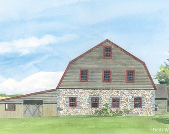 Old Stone Barn Painting, Bar Harbor, Maine Landscape Print, New England Farmhouse Decor, Mount Desert Island, Maine Painting, Green & Blue