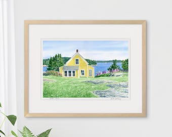Yellow House, Stonington Maine Island Art Print, Watercolor Seascape Painting, Seaside Cottage Decor, Lupine Flowers