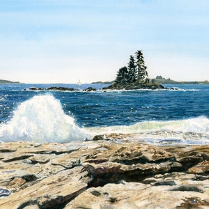 Ocean Point, Maine Watercolor Wall Art - Boothbay Seascape - Nautical Decor - Maine Ocean Painting - Local Artist - Rocky Coastline