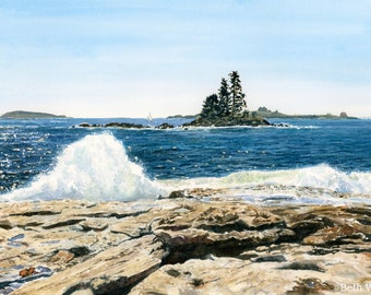 Ocean Point, Maine Watercolor Wall Art - Boothbay Seascape - Nautical Decor - Maine Ocean Painting - Local Artist - Rocky Coastline