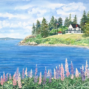 Lupine on Cape Rosier Seascape Art Print, Harborside Maine Watercolor Painting, Coastal Cottage Decor, Maine Wall Art for Housewarming Gift